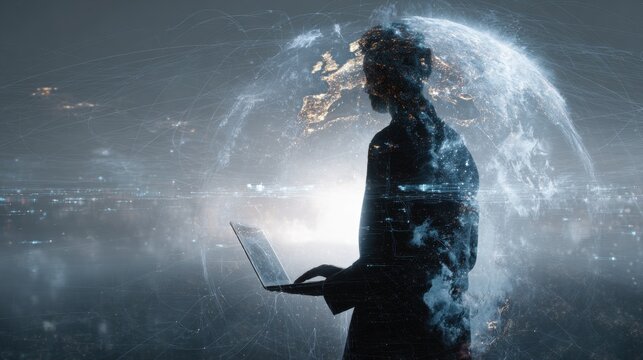 Person silhouette using laptop with global network connections overlay
