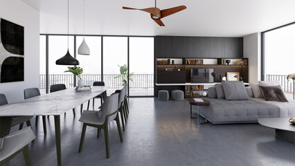 Naklejka premium 3D render, illustration Luxury modern living room interior, realistic lighting, wide angle, contemporary furniture, clean lines, minimalist decor, elegant home design, large window