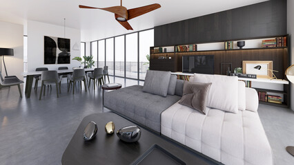 Naklejka premium 3D render, illustration Luxury modern living room interior, realistic lighting, wide angle, contemporary furniture, clean lines, minimalist decor, elegant home design, large window