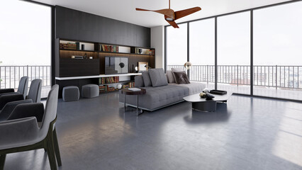Naklejka premium 3D render, illustration Luxury modern living room interior, realistic lighting, wide angle, contemporary furniture, clean lines, minimalist decor, elegant home design, large window