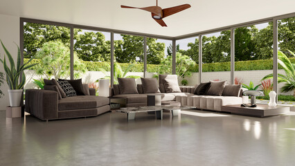 Naklejka premium 3D render, illustration Luxury modern living room interior, realistic lighting, wide angle, contemporary furniture, clean lines, minimalist decor, elegant home design, large window