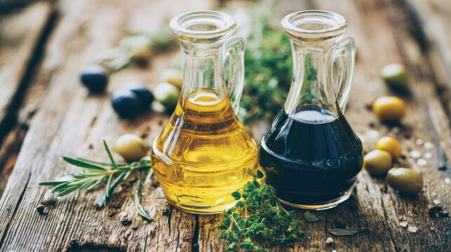 Two clear glass cruets containing golden oil and dark vinegar rest on a rustic wooden surface surrounded by herbs and olives.