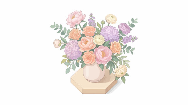 An isometric illustration of a colorful bouquet of flowers arranged in a vase on a wooden stand