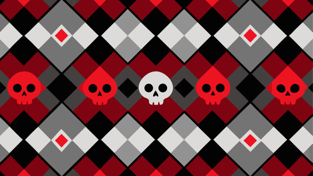 Black and white skull and crossbones pattern with repeating diamonds