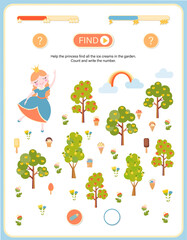 Charming educational “find and count” activity illustration designed for young children. This playful scene features a cute princess in a magical garden filled with colorful trees, flowers, and hidden © alisa_rut