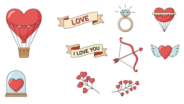 Collection of romantic valentine day themed icons including a heart shaped hot air balloon, diamond ring, and cupid bow and arrow.