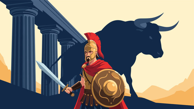 Greek spartan warrior standing with sword and shield in front of ancient columns with a large bull shadow behind him.