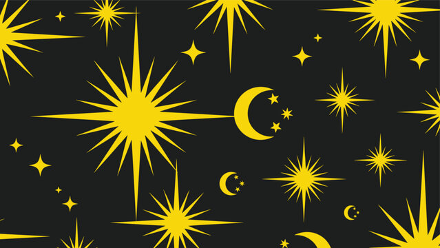 Seamless celestial pattern featuring various yellow stars and crescent moons on a dark black night sky background.