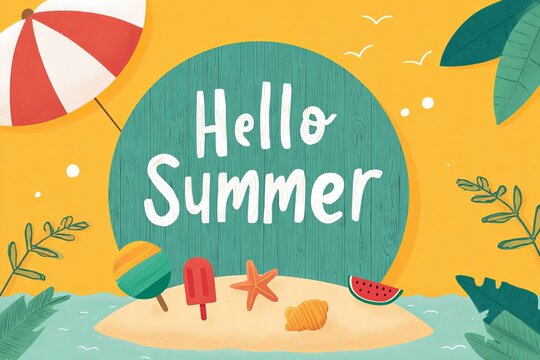 Seasonal summer greeting card and flat illustration featuring seaside icons and vibrant colors.