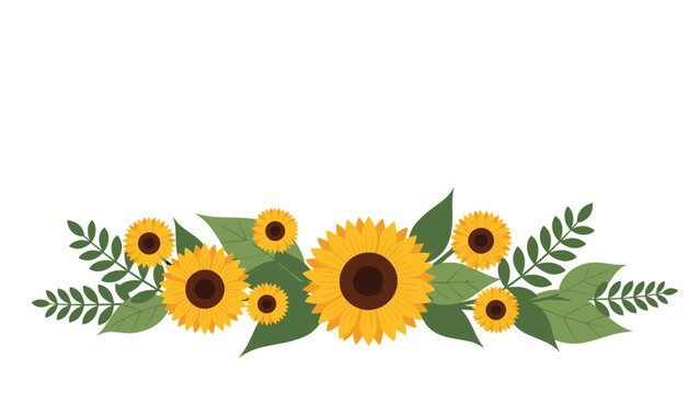 Decorative bottom border made of vibrant yellow sunflowers and green leaves on a clean white background for design.