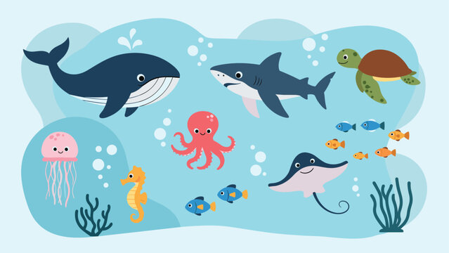 Wide collection of cute cartoon sea creatures including whales sharks turtles and colorful fish in deep blue water.