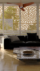 Naklejka premium 3D render, illustration Luxury modern living room interior, realistic lighting, wide angle, contemporary furniture, clean lines, minimalist decor, elegant home design, large window