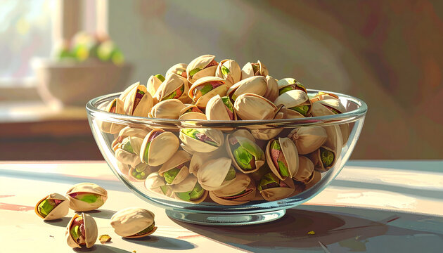 A glass bowl filled with unshelled pistachios sits on a surface with scattered nuts and soft
