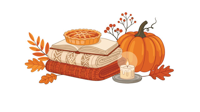 Cozy autumn still life with freshly baked pumpkin pie stack of blankets glowing candle and harvest pumpkin decoration.