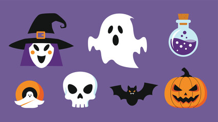 Obraz premium Halloween icons set featuring witch character spooky ghost potion bottle skull bat and carved orange pumpkin.