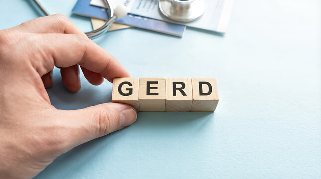 Hand holding wooden blocks with the acronym gerd, standing for gastroesophageal reflux disease, on a light blue background with a stethoscope