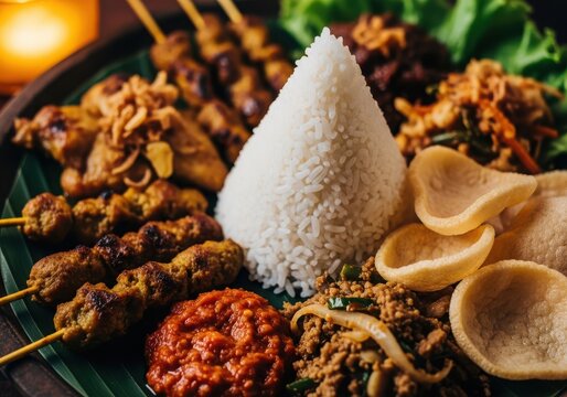 Traditional indonesian nasi tumpeng with satay, sambal, and krupuk on a banana leaf platter