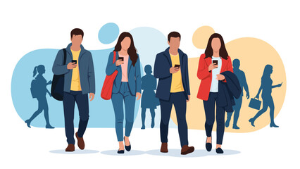 Fototapeta premium Modern diverse group of young people walking while using their smartphones in busy urban environment with abstract shapes.