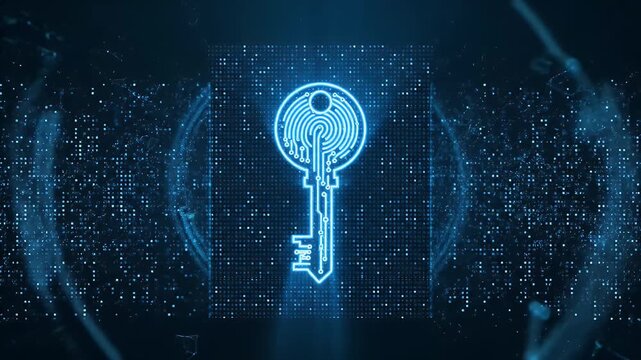 A futuristic glowing blue digital key with circuit board patterns is encapsulated within a sphere, representing secure global data protection.
