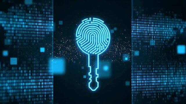 A glowing blue digital key featuring a fingerprint for biometric security is centered against a vast, abstract global network background.