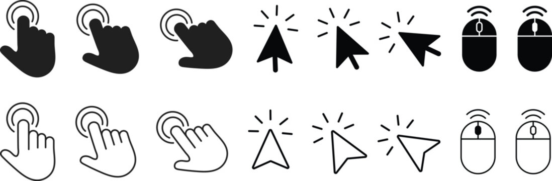 cursor icon set. Click Cursors. Pointer arrow and clicking symbol. Pointer click sign. mouse arrow symbol. Computer uses element
