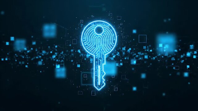 A shimmering blue digital key with integrated circuit board design floats against a soft bokeh background, symbolizing advanced technological security.