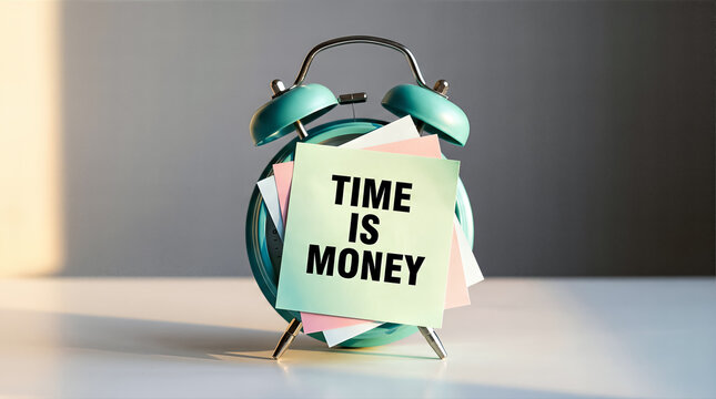 Alarm clock with a sticky note that says time is money on a table