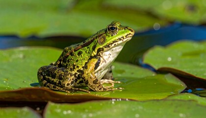 Obraz premium Frog rests Bright green frog with dark spots sits serenely on lily pad amidst watery bokeh background