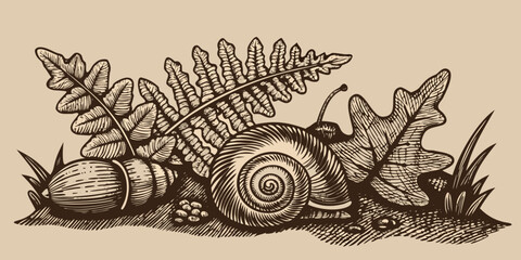 Vintage illustration of a snail amongst autumn leaves and ferns © Rathindranath