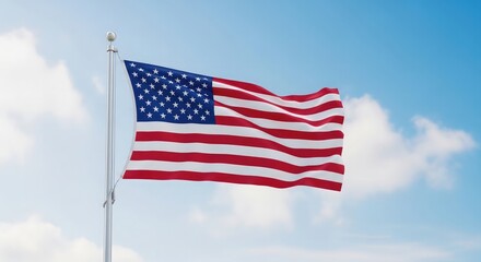 Obraz premium American flag waving in the breeze against a bright blue sky with fluffy clouds