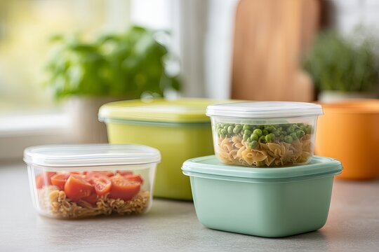 Sacked plastic food containers with simple pasta meals including peas and cherry tomatoes in a bright, modern kitchen.