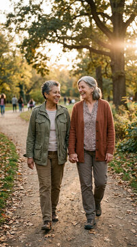 Senior Women Holding Hands and Walking in Park