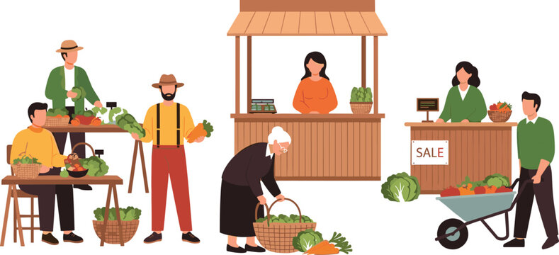 Local Farmers Market Scene with Vendors Selling Fresh Organic Vegetables and Produce at Outdoor Stalls Featuring Buyers and Gardeners in Flat Vector Illustration