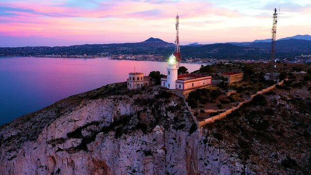 Aerial view of San Antonio Cape, joint to Javea Village, in the Mediterranean coast of Alicante, Spain.
