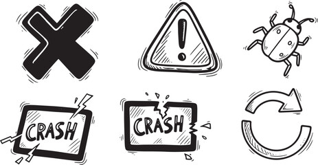Fototapeta premium Software crash and system alert icons set with warning sign bug and broken interface elements