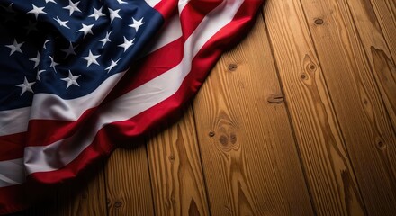 Obraz premium Draped american flag on wooden surface a symbol of freedom and patriotism