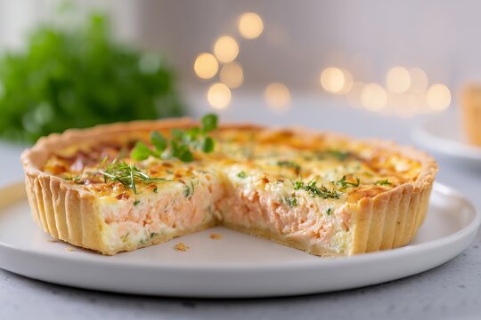 Freshly baked salmon quiche with a golden buttery crust and green herbs on a white plate with warm bokeh background.