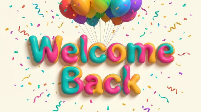 Colorful Welcome Back Greeting with Bright Balloons and Festive Confetti Background