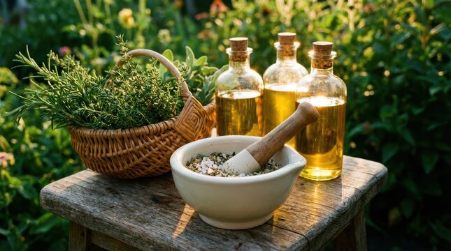 Assorted Herbal Oils and Fresh Ingredients Prepared for Natural Remedies in a Lush Garden Setting
