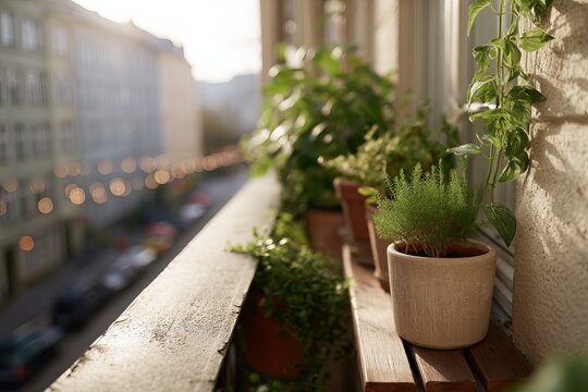 Sustainable city living and urban gardening concept featuring a lush apartment balcony in spring.
