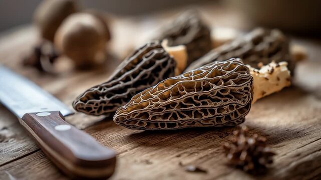Fresh morel mushrooms on wooden table with knife in warm light creating rustic gourmet cooking and foraging concept