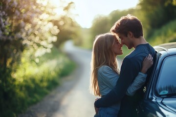 Junges Paar am Auto im Sonnenlicht – Romantischer Moment auf dem Land
