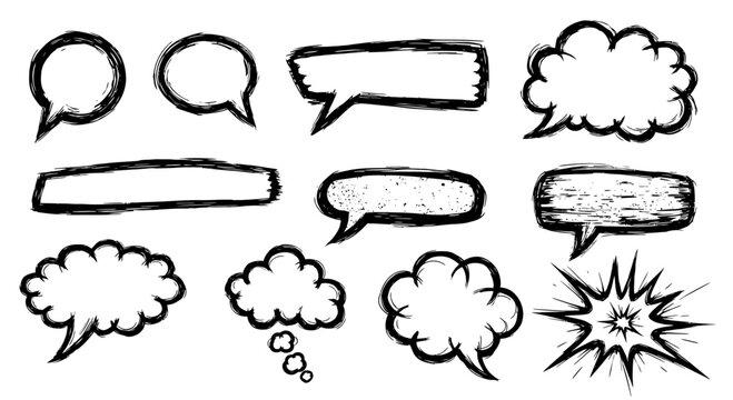 Hand-drawn speech bubbles and thought clouds in various shapes.