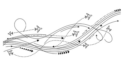 Dynamic airplane flight routes with curved direction paths travel concept black outline vector illustration © MdShafikul