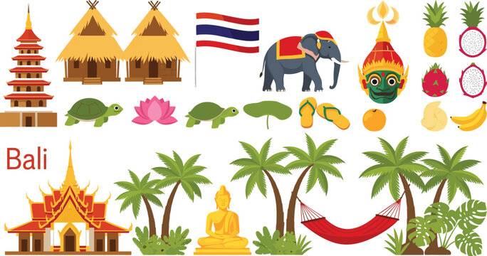 Bali and Thailand Travel Vector Set Featuring Tropical Temples, Buddha Statue, Elephant, Exotic Fruits, Palm Trees, and Traditional Cultural Symbols for Tourism Designs