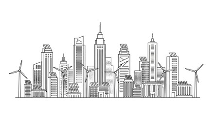 Fototapeta premium A detailed cityscape illustration depicts skyscrapers, buildings, and wind turbines standing tall in a metropolitan area with a mix of modern architecture and urban landscape.
