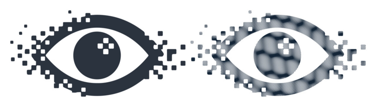 Digital eye icons, pixel art eyes, glitch effect, black and white graphics, abstract vector illustrations