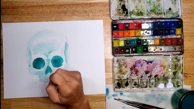 Watercolor Skull with no mandible Painting Timelapse Blue Tones Overhead