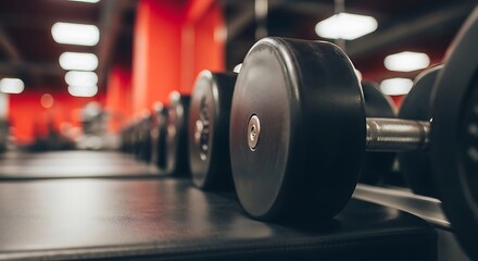 Fototapeta premium Close-up of black dumbbells on rack in a gym, red wall background, shallow depth of field