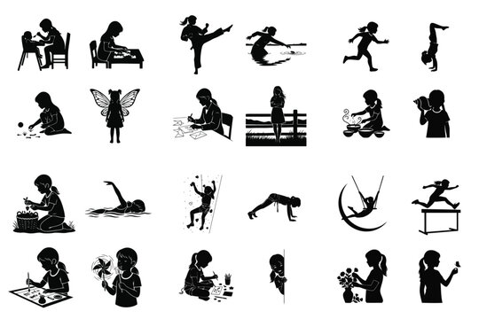 Collection of black silhouettes depicting young girls engaged in diverse childhood activities like sports, arts, and daily routines, illustrating growth and development.